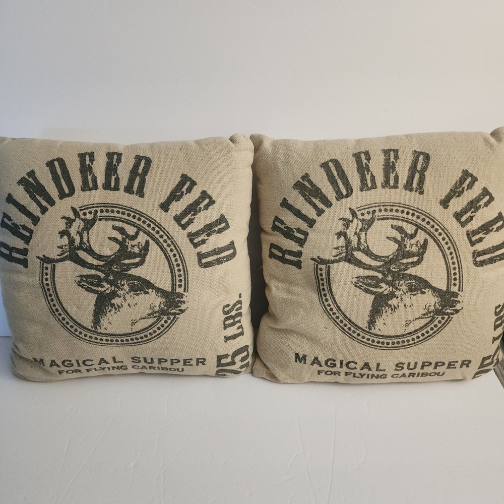 Set of 2 Burlap Reindeer Feed Decorative Throw Pillows‎ Rustic Farmhouse